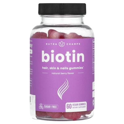 Nutrachamps, biotyna, włosy, skóra i gwoździe, bez cukru, naturalna jagoda, 60 wegańskich gumzy