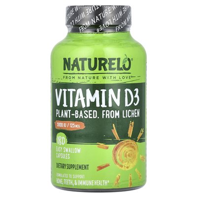 Naturelo, Vitamin D3, pflanzliches Flechtenextrakt, 125 mcg (5000 IE), 180 leicht zu schluckende Kapseln