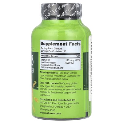 Naturelo, Vitamin D3, pflanzliches Flechtenextrakt, 125 mcg (5000 IE), 180 leicht zu schluckende Kapseln